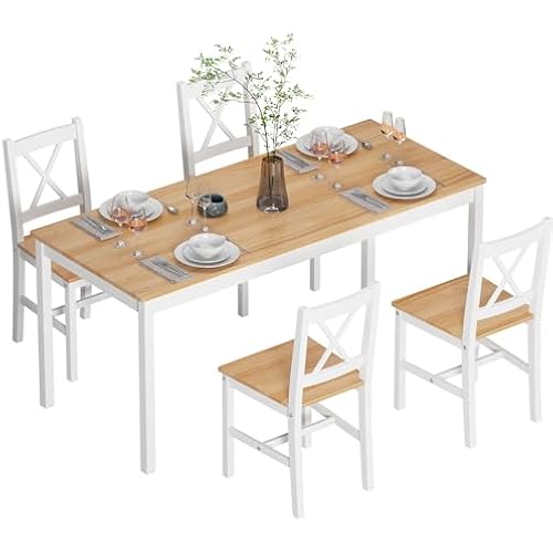 SogesPower Dining Table Set for 4, 5-Piece Wood Kitchen Dining Table Set with 4 Chairs for Kitchen Dining Room Restaurant Small Space, 47" White&Oak