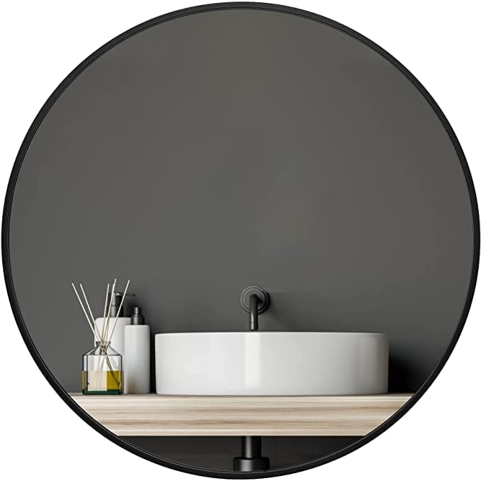 Black Round Wall Mirror 24 Inch, Decorative Bathroom Mirror with Metal Frame, Black Round Mirrors for Bathroom, Living Room, Bedroom, Entryway