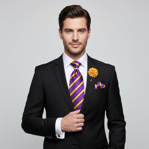 Image of 5PCS Mens Premium Silk Tie, Pocket Square, Cufflinks, Drilled Tie Ring and Lapel Pin Set for Wedding Groom Party