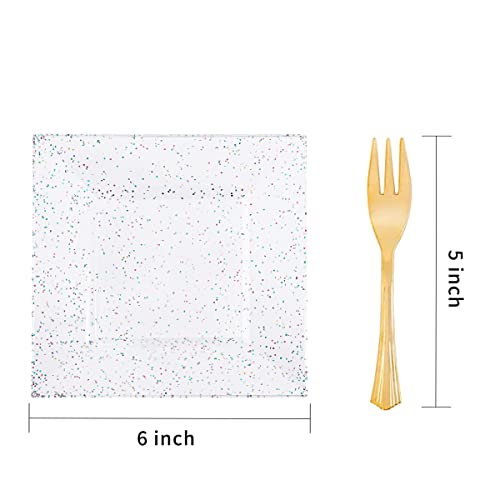 Supernal 100Pcs Square Clear Plastic Plates,100Pcs Gold Dessert Forks,Clear Square Plates With Glitter Design,6 Inch Clear Dessert Plates,5 Inch Gold Plastic Forks thumb #1