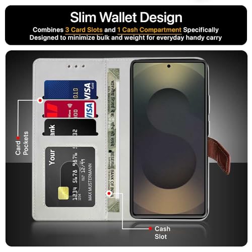 Image of FLIPPED Vegan Leather Flip Case Back Cover for Samsung Galaxy S25 Ultra 5G (Flexible, Shock Proof | Hand Stitched Leather Finish | Card Pockets Wallet & Stand | Brown with Coffee)