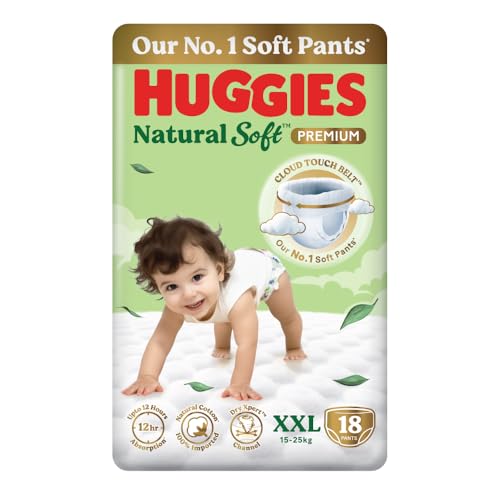 Image of Huggies Natural Soft Premium Baby Diaper Pants, Our No.1 Soft Pants, Double Extra Large (XXL) Size (15-25 Kgs), Pack of 18 diapers | Cloud Softness All over with India's 1st Cloud Touch BeltTM