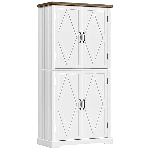 HOSTACK 64" Pantry Cabinet, Tall Kitchen Pantry Storage Cabinet, Modern Farmhouse Bathroom Storage Cabinet, Large Bookcase, 4 Doors|Adjustable Shelves, for Dining Room, Living Room, Home Office, White Cover