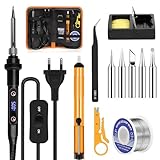 Set saldatore LCD da 80 W, temperatura regolabile 180 – 520 °C, stazione di saldatura con 5 punte di saldatura, pompa dissaldante, filo di saldatura da 50 g, pinzette, supporto per saldatore