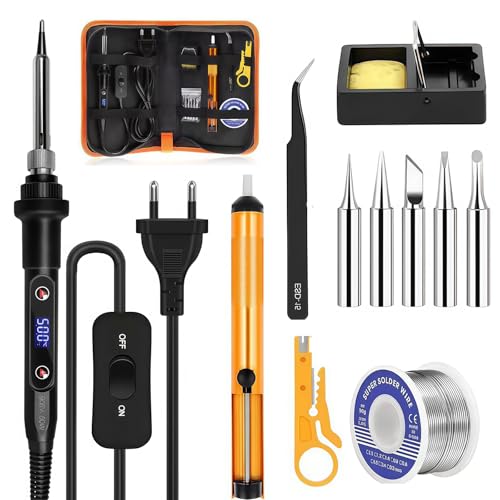 Fer à Souder Kit 80W avec Écran LCD, Température Réglable 180-520°C avec 5 Pointes, Pompe à Dessouder, 50g Fil d’Étain, Pince et Support, Outil pour...