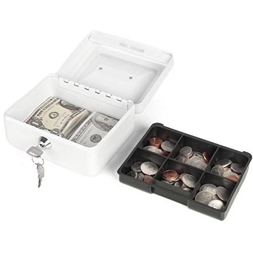 Image of Decaller Small Cash Box with Key Lock, Double Layer Metal Money Box for Home Security, Portable Locking Box, 5.9 inch x 4.7 inch x 3.2 inch, White
