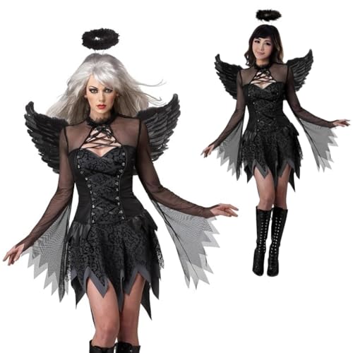 LIUWAZJ Halloween Women Black Costumes Dark Fallen Angel Devil Vampire Witch Dress Adult Cosplay Accessories (L)