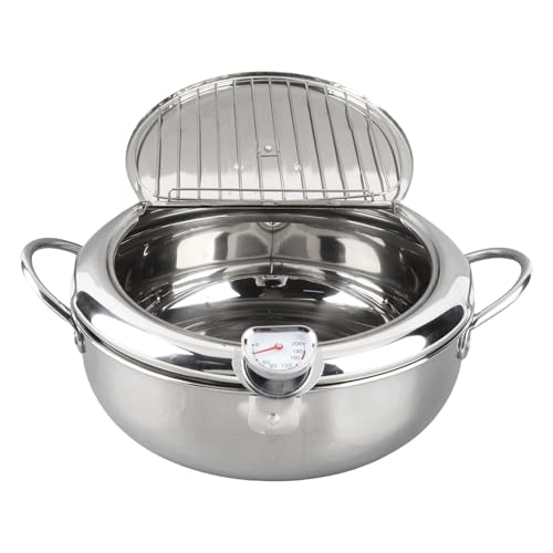 Japanese Stainless Steel Deep Fryer Pot with Thermometer, 2.2L/3.2L Capacity, with Cold Touch Handle, Oil Level Reminder, Detachable Wire Rack, for Frying (L Size 24cm /