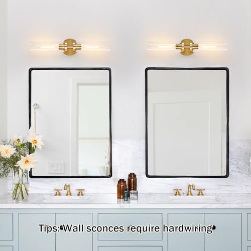 Image of Wall Sconces Set of Two, Hardwired Brushed Gold Bathroom Sconces Wall Lighting with Clear Glass, Modern Sconces Wall Decor Set of 2 Bathroom Light fixtures for Mirror Hallway (Bulbs Not Included)