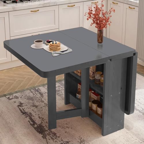 Mesa de cocina plegable, mesa de comedor de madera maciza con estante de almacenamiento de 2 capas, diseño plegable versátil