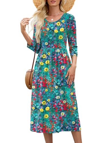 Image of Heymoments Women's Casual 3 /4 Sleeve Midi Dress Crewneck A Line Tiered Flowy Loose Travel Long Dresses with Pockets