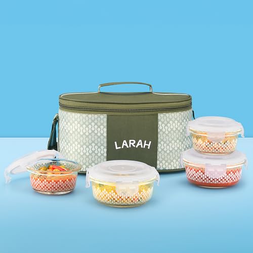 Image of Larah Glassware Gracia Green Borosilicate Glass Lunchbox with Bag | Microwave & Dishwasher Safe, Leakproof | Tiffin for Office, School, College (Fusion)