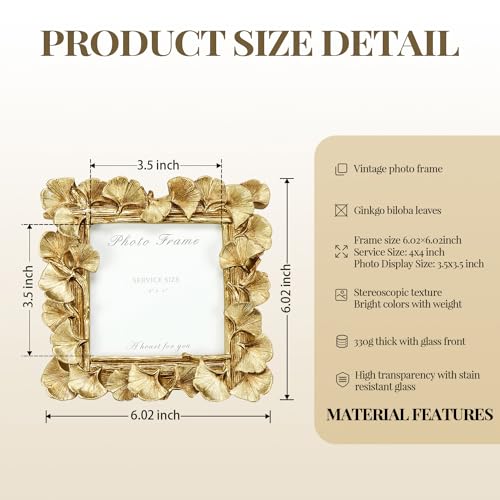 4x4 Picture Frame Small Gold Frames, Vintage Ornate Leaf Textured Hand-Crafted Resin with Glass Front, Antique Photo Frame for Tabletop Display, Retro Design Home Decor
