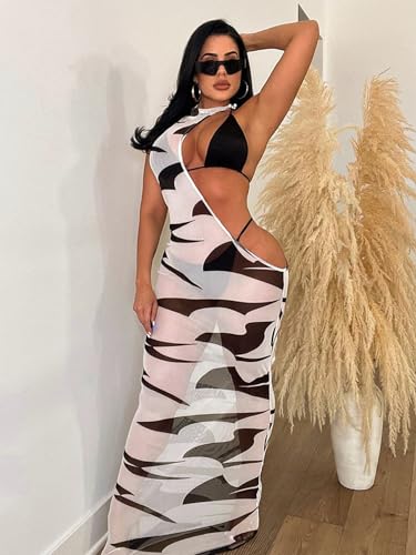 Image of Women's Sexy Swimsuit 3 Piece Thong Bikini Set Triangle Halter Bathing Suit Sheer Mesh Beach Cover Up Maxi Dress