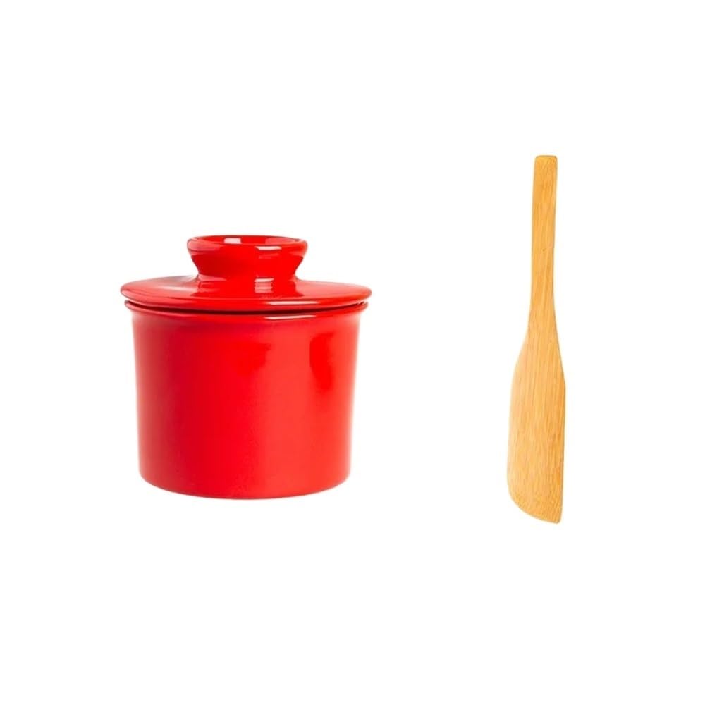 Zyyanshop Red Butter Dish Round Butter Box Ceramic Storage Jar Cheese Cup Knife Kitchenware