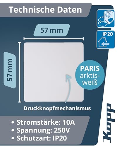 Kopp PARIS Taster in Arktis-Weiß - Stilvoller IP20 Taster-Unterputz ideal für Klingel & Türöffner - Klingeltaster-Unterputz mit 10AX Schaltvermögen - Lichtschalter 250V~