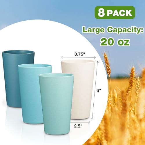 Hlukana Wheat Straw Cups Set of 8, 20 oz Unbreakable Drinking, Chip Resistant, Reusable Water Set, Large for Kitchen, Camping, BPA Free Cups, Dishwasher & Microwave Safe Tumbler