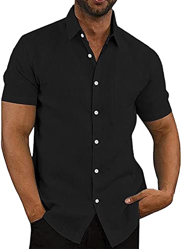 APOONABA Camisa Hombre Manga Corta Camisa Verano Casual Coton Shirts Clásico Color Sólido Camisa con Bolsillo Otoño Primavera Negro L