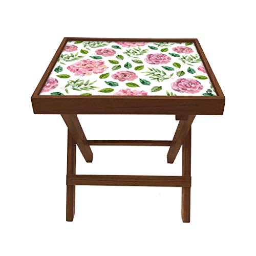 Image of Nutcase Designer Teak Wood Side Table Folding Wooden Bedside Coffee Outdoor Picnic Table - Pink Florals