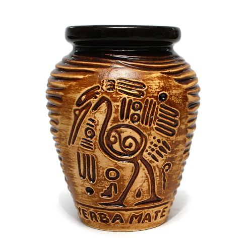 Mate Green Kalebasse Set - Keramik Mate Becher Aztek 300ml - Edelstahl Trinkhalm Bombilla 19cm - Korkpad - Handgemachte Keramik Tasse