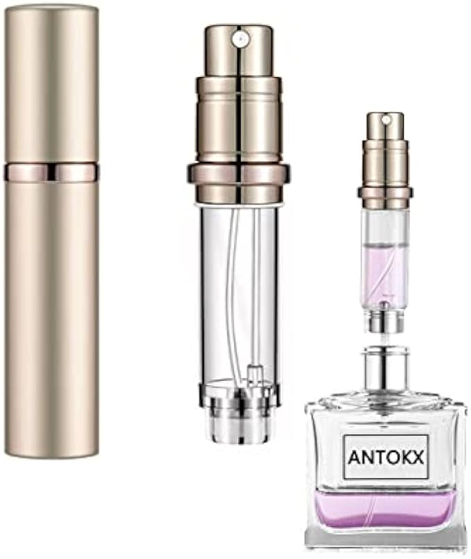ANTOKX Travel Perfume Bottle Refillable Atomizer - 5ML Perfume Atomiser, Pocket Perfume Dispenser, Scent Pump Case, Leakproof Portable Perfume Sprayer for Women and Men (Gold)
