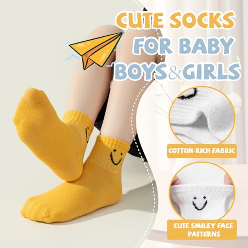 Toddler Boys Girls Crew Socks, Smiley Face Unisex Kids Soft Cotton Solid Color Dress Ankle Socks, Pack of 52