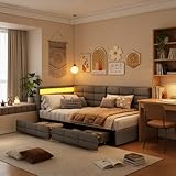 Canapé-lit avec Eclairage LED : La tête de lit de ce lit rembourré est équipée d'une bande lumineuse à LED. Vous pouvez régler la couleur, la luminosité et le mode de variation de la lumière à l'aide de la télécommande fournie dans l'emballage. Cela permet non seulement de créer une ambiance unique dans la chambre à coucher, mais aussi de faciliter l'éclairage nocturne.