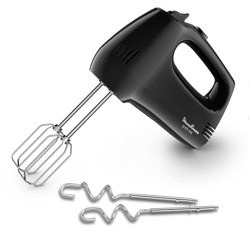 Moulinex Quick Mix, Batteur à main, 300 W, Fouets et crochets pétrisseurs en acier inoxydable, Poignée ergonomique, 5 vitesses réglables + Pulse, Compact, HM3108B1, Noir