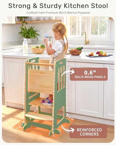 Image of WINGYZ Toddler Tower - Anti-Tip Natural Wood Learning Stool Helper for Kids 18M-6Y, 150lb Capacity Kitchen Stool with 3-Height Adjustable Platform and Sliding Door Access, 20lb Portable Design, Green