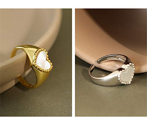 Vintage Heart S925 Sterling Silver Ring for Women Girls Dainty Engagement Promise Love Expandable Open Finger Statement Stacking Rings Adjustable Fashion Valentine Mother's Anniversary Jewelry (Shell Pearl)4