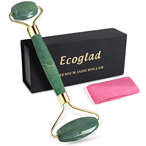 Jade Roller for face by Ecoglad, 100% Real Jade Facial Roller, Jade Roller Massager with Double Ends Anti-Aging Therapy & Skincare Tool for Face & Body, Free Headband Included, Green