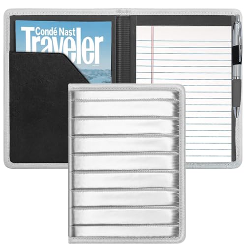 Euousu A5 Padfolio Business Portfolio Folder,Junior Size Document Folder Organizer, Padfolio with Interior Pocket and Pen Loop, 5 x 8 Writing Pad Included. Silver