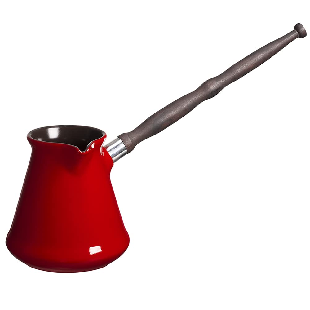 Ceramic Turkish Coffee Pot 500 ml (16.91 oz) Cezve Ibrik Briki Turka Classic, Red Color, with Removable Wooden Handle for Gas Electric Hobs