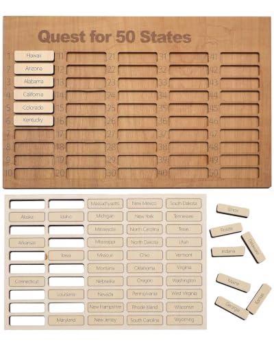 Wooden 50 States Tracker Board,Travel Bucket List with 50 State Blocks