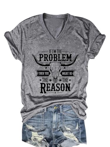 If I'm The Problem You Might Be The Reason Shirt Women Vintage Country Music T Shirts Short Sleeve Tops(Grey,XL)