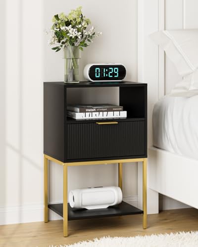 AEPOALUA Nightstand,Modern Bedside Table with One Drawer and Two Shelf,Black Night Stand,End Table with Gold Frame for Bedroom,Living Room,Stripes