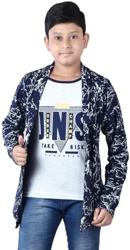 Star Designer Boys Cotton Printed Long Sleeve Jinis Navy T-Shirt with Attached Shrug Jacket (Navy, 9-10 Years)