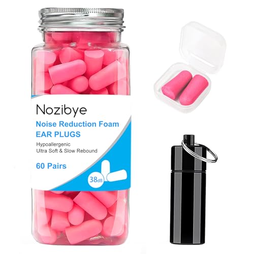 Nozibye 60 Pairs of Super Soft Foam Ear plugs for Sleeping Noise Canceling Earplugs, 38dB Highest Noise Reduction Earplugs for Sleeping, Snoring, Studying, Traveling, Loud Noise, etc.(Rose Pink)