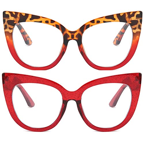 Image of Cat Eye Reading Glasses for Women,Retro Red Frame 2pack Computer Readers, Oversized Blue light Blocking Eyeglasses,