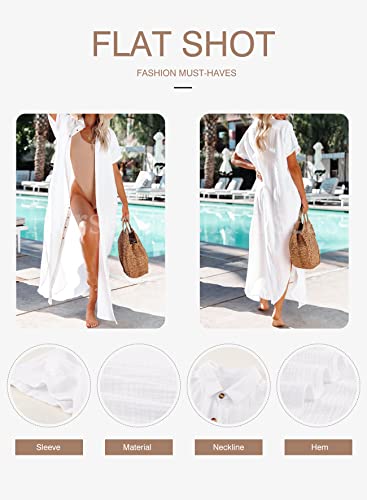 Herseas Womens Casual Short Sleeve Side Split Button Dress Down Long Kimonos Cardigans Swimsuit Cover Ups White Large 12 14 #TOP4