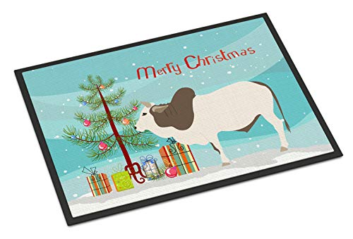 Caroline's Treasures BB9197MAT Malvi Cow Christmas Doormat 18x27, Teal Front Door Mat Indoor Outdoor Rugs for Entryway, Non Slip Washable Low Pile, 18H X 27W
