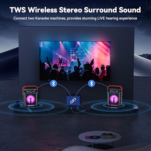 BIGASUO Portable Karaoke Machine with Two Wireless UFH Microphones, Bluetooth Karaoke Speaker for Adults&Kids with PA Singing System LED Lights Effect, Supports TF Card/USB