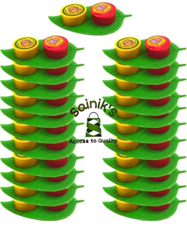 Image of Sainik's Haldi Kumkum Set with Leaf Shape Tray, Multicolor, Pasupu Kumkum Return Gift for Weddings and Festivals, Pack of 20