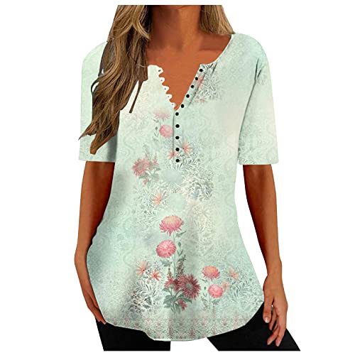 Summer Shirts For Women 2023 Print V-Neck Short Sleeve Tops Flower Graphic Tees Relaxed Athletic Tunics Comfy Pullover A4-Mint Green Small #TOP11