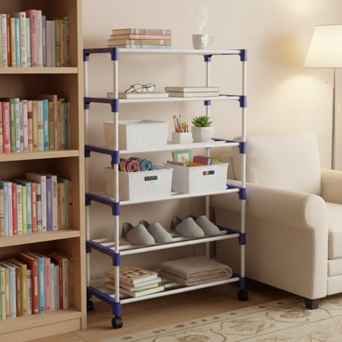 Image of CIPLA PLAST Shoe Rack for Home | Floor Standing Shoes Shelf | 6 Layer Plastic Foldable Shoe Stand, Shoe Organiser for Home & Office White and Blue, Portable Storage Organizer