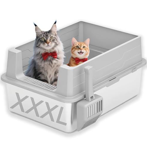DOWANQO Extra Large Stainless Steel Litter Box with Lid, XXL XXXL Litter Box, Odor Control Enclosed Metal Litterbox for Big Cat, Kitty, Kittens, 28 x 20 x 12.5 inch, High Side, Easy Clean