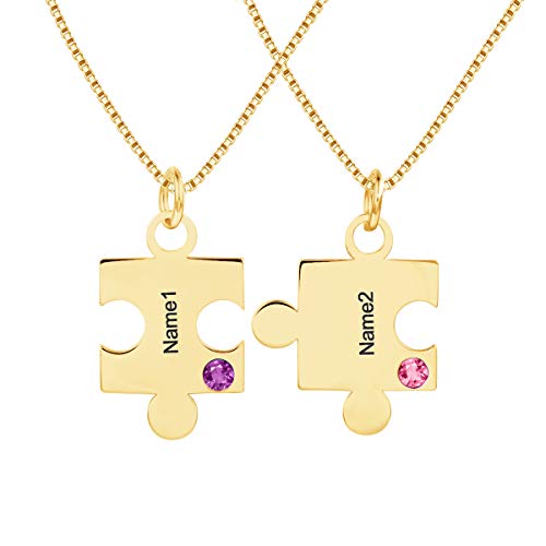 Dreamdecor 2 Piece Personalized Couple Necklace, Custom Puzzle Pendant Necklace with 2 Names and 2 Birthstone for Valentine's Day