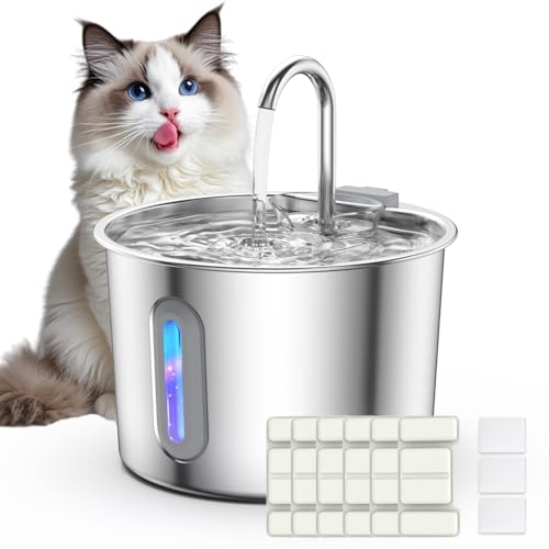Bizcasa Fontanella per Gatti Acciaio Inox: 2.2L Dispenser Acqua Animali, Automatico Fontana Gatto con 6 Filtris - Super Silenzioso Dispenser Acqua Gatto (Fontanella Gatti -2.2L+6 Filtris+3 Spugnas)