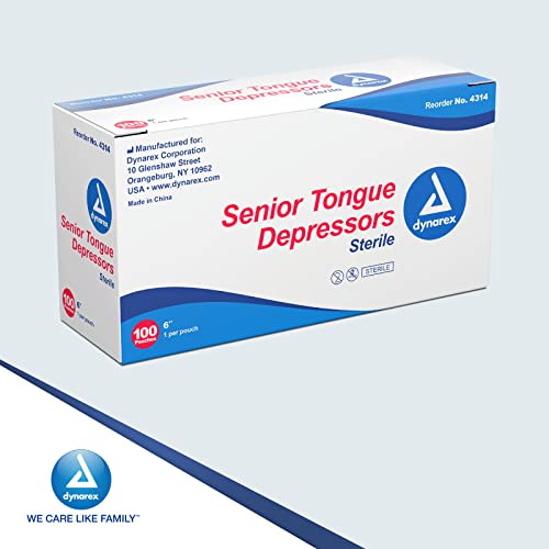 dynarex tongue depressors sterile 634 senior-sized length made from beige birch wood comes in peel-down patches 1 box of 100
