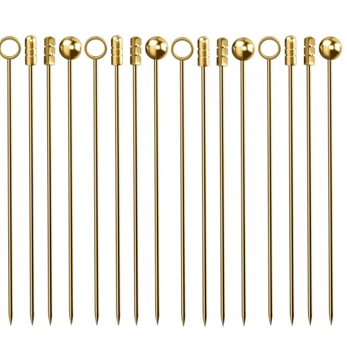 Lot de 16 pics à cocktail réutilisables en acier inoxydable doré - Piques à cocktail en métal - Bâtons de garniture de fruits, martini, olives pour bar, barbecue, boisson Bloody Mary